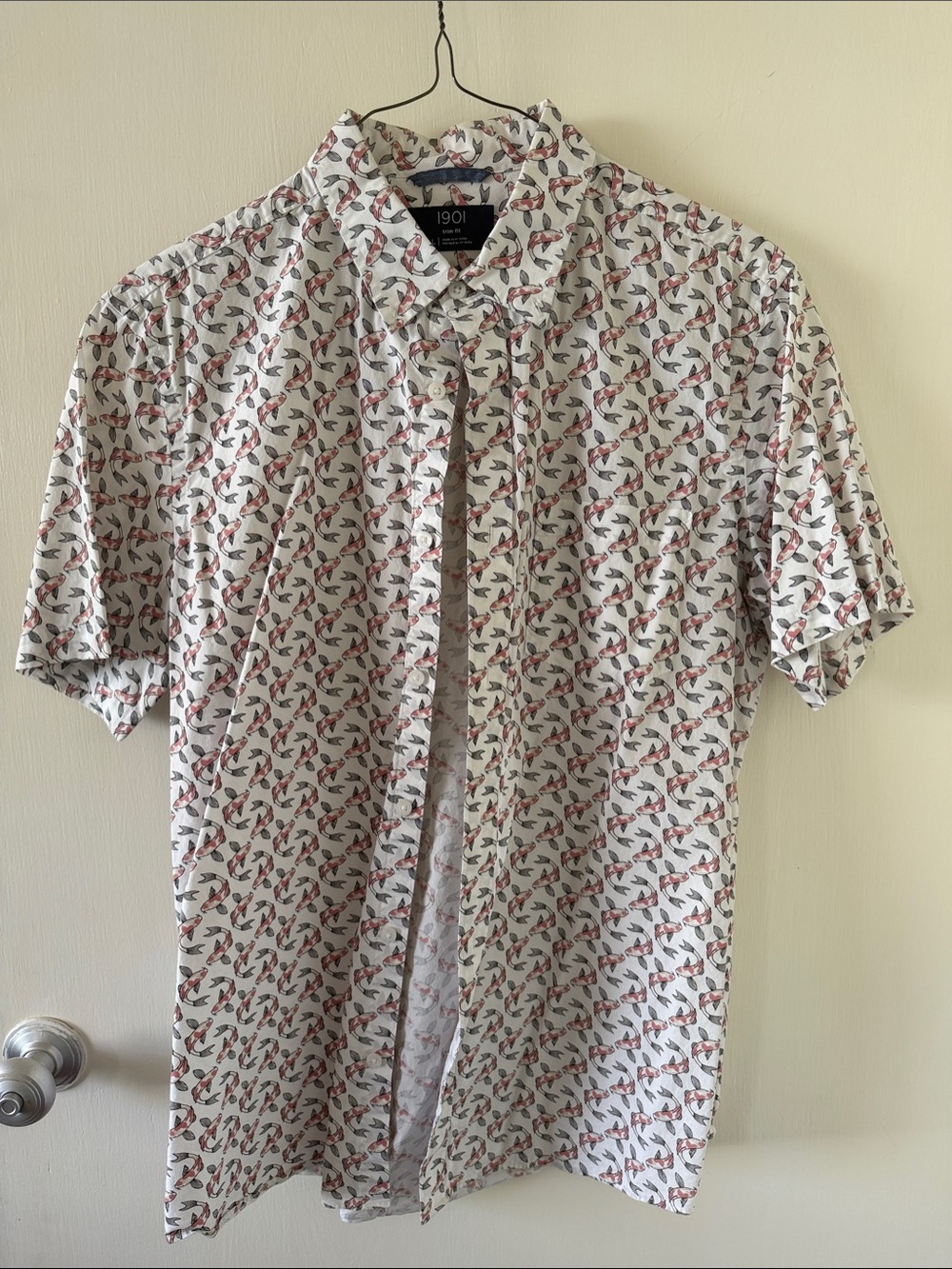 1901 White Short-Sleeve Button-Up Shirt with Koi Print